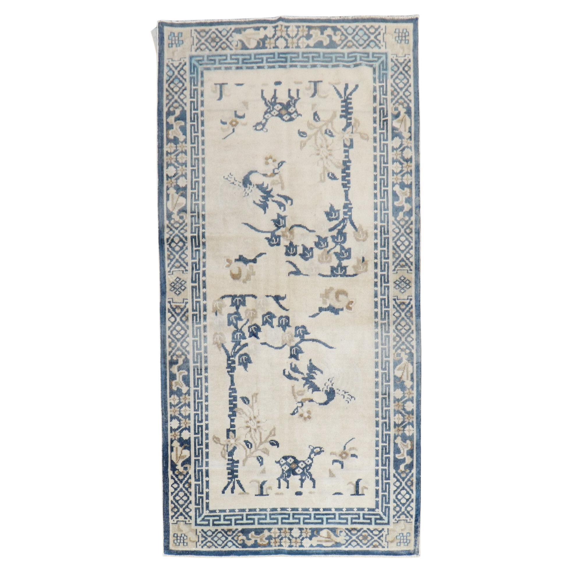 White Blue Color Pictorial Antique Chinese Oriental Rug For Sale