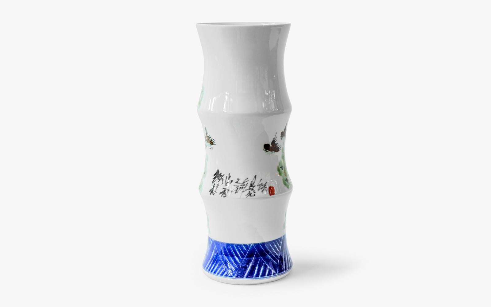 Chinese White & Blue Curved Handmade Porcelain Vase