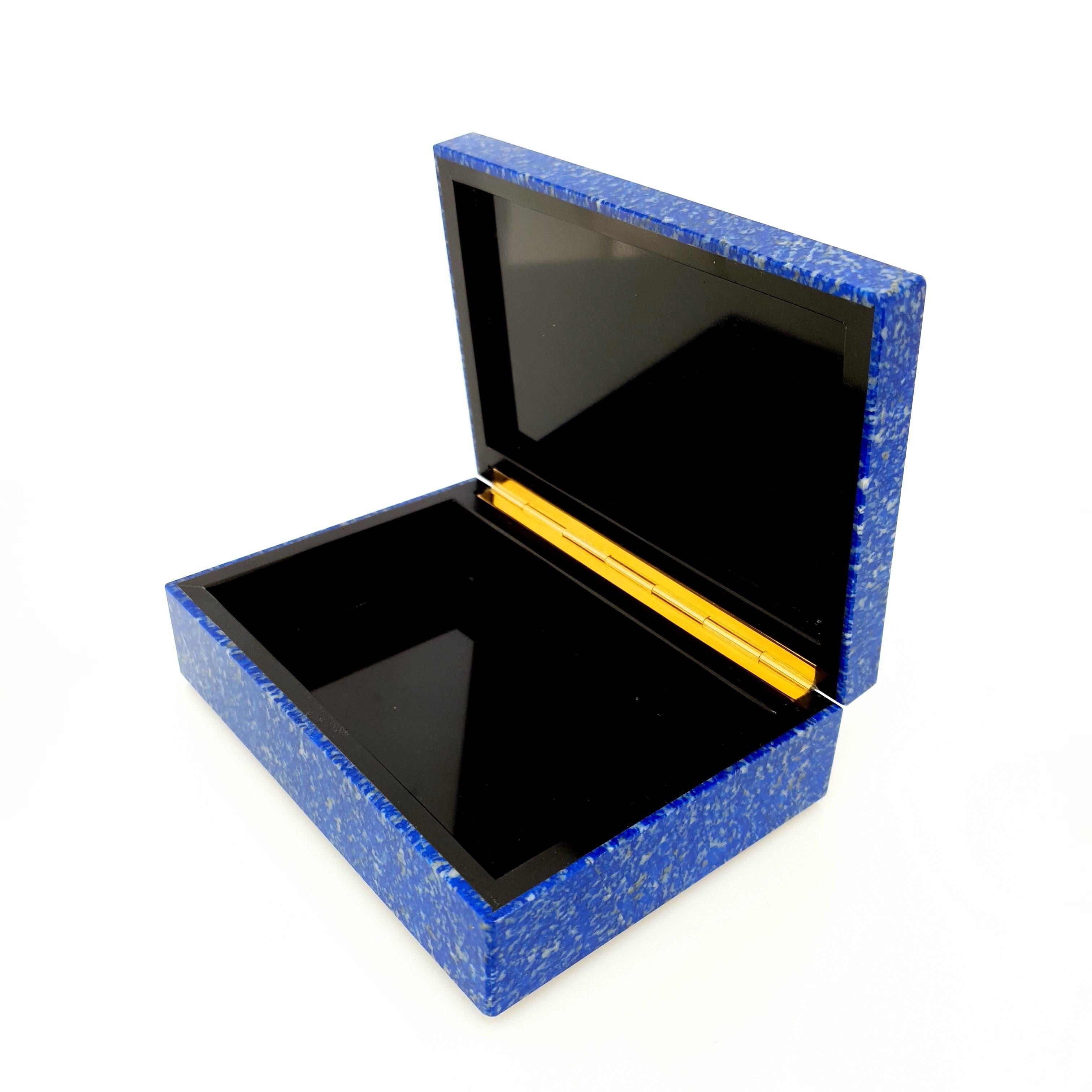 White Blue Lapis Decorative Jewelry Gemstone Box with Black Marble Inlay For Sale 4