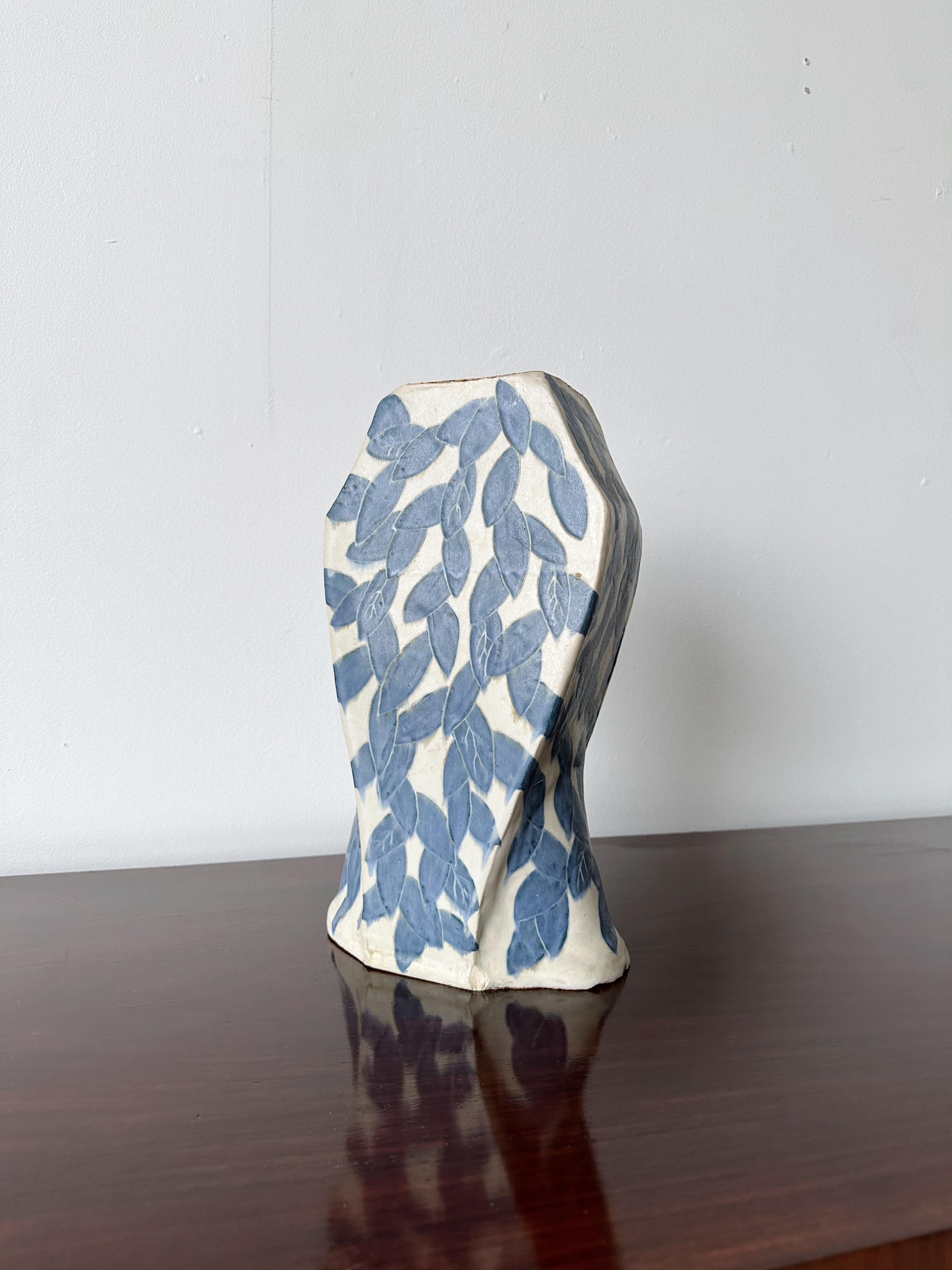 White & Blue Leaf Print Mediterranean Style Big Ceramic Vase For Sale 2