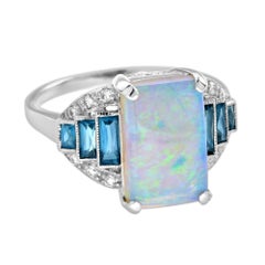 Weißer blauer Opal & Londoner Blautopas Diamant Ring im Art Deco Stil 14K Weißgold