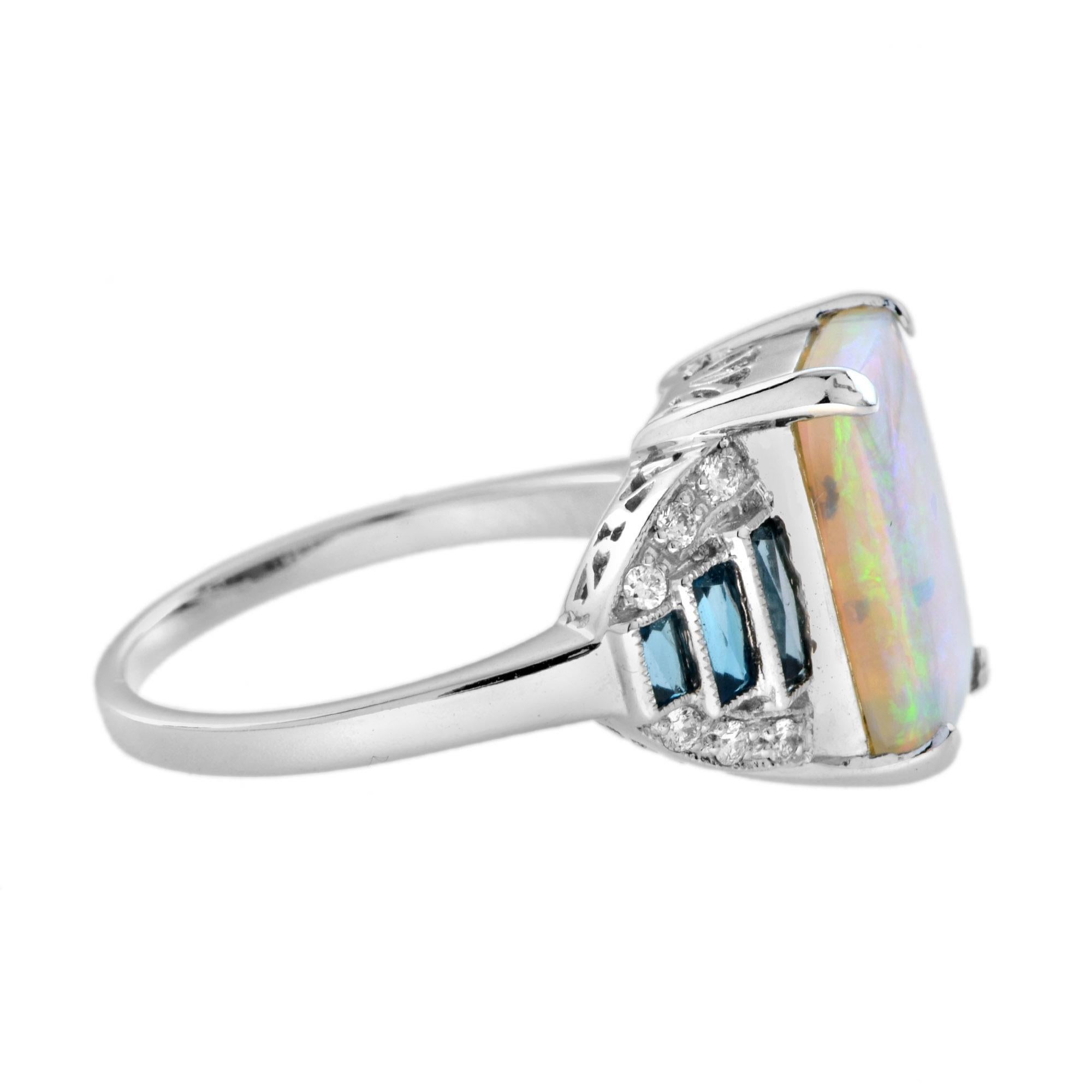 Anillo de oro blanco de 14 quilates estilo art déco con ópalo azul blanco y diamante topacio azul de Londres Art Decó en venta
