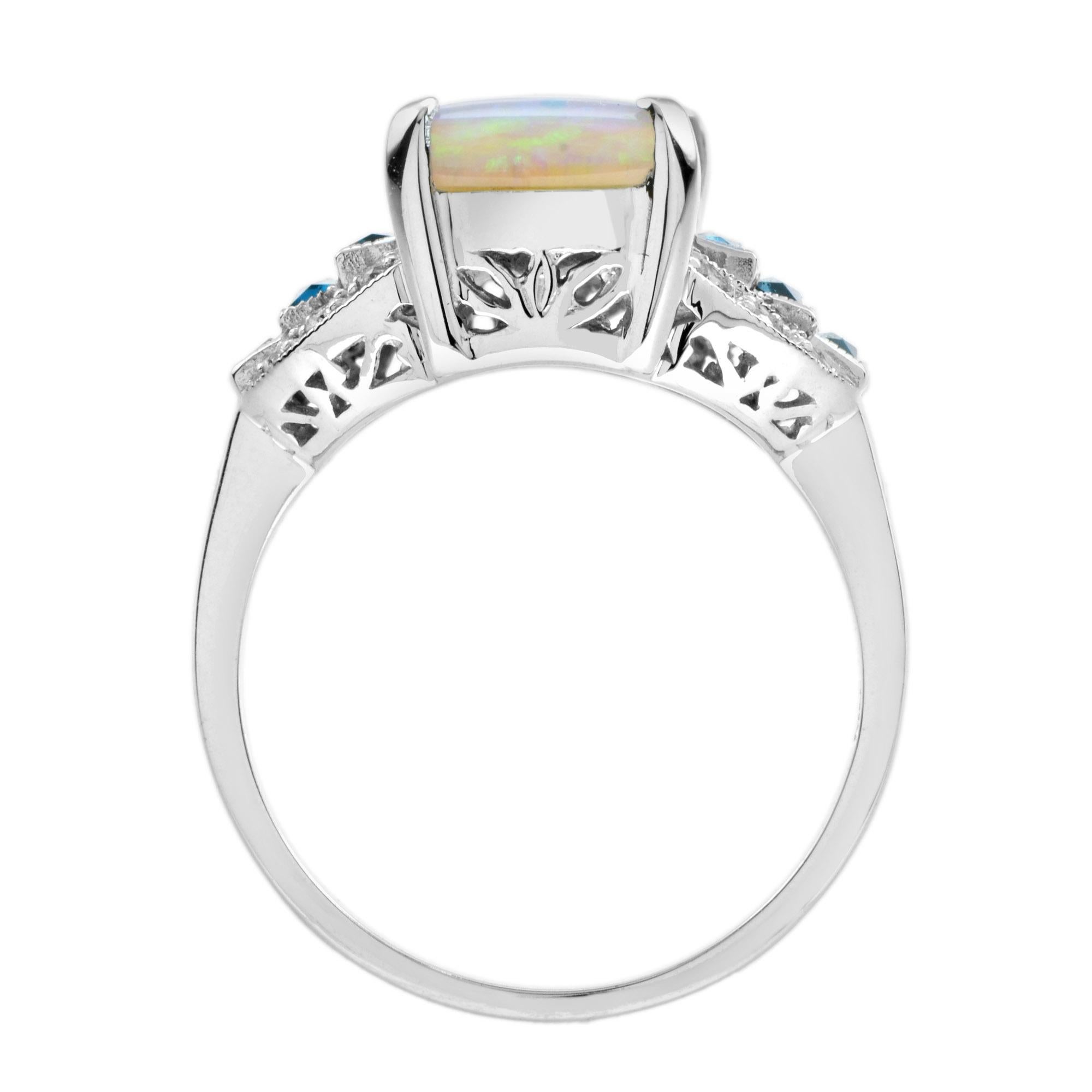 Anillo de oro blanco de 14 quilates estilo art déco con ópalo azul blanco y diamante topacio azul de Londres en Nuevo estado para la venta en Oakton, VA