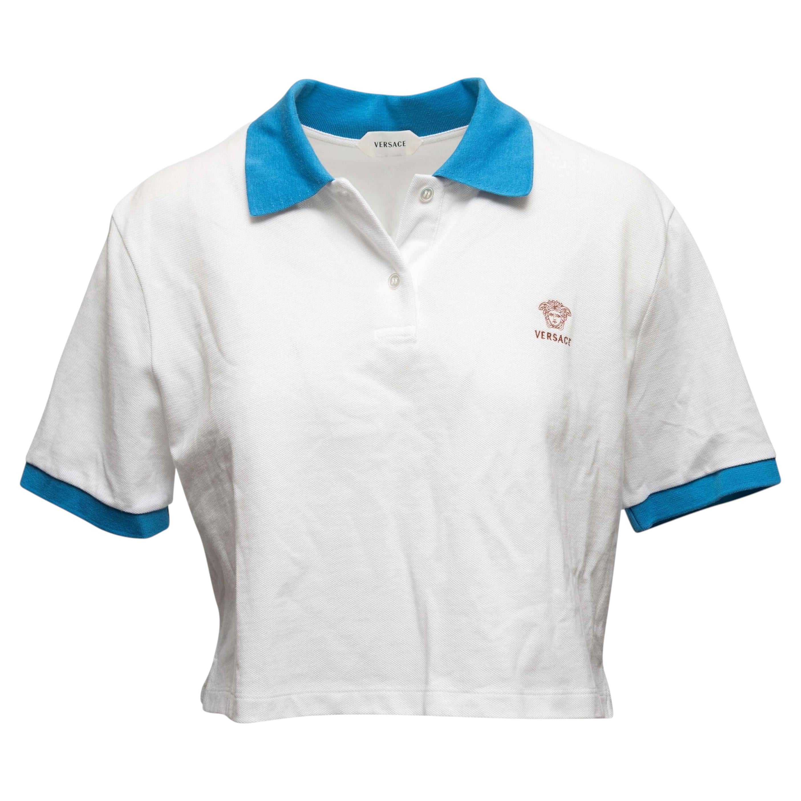 Weiß-blaues Versace-Polohemd mit Logo, kurz geschnitten, Größe IT 44