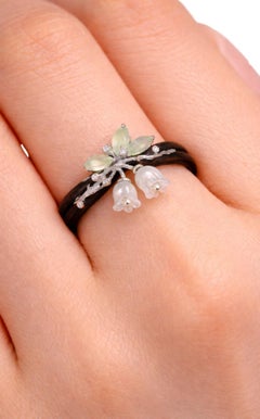 White Bluebell Dew Ring Prehnite White Jade, Pearls-Handcrafted To Order