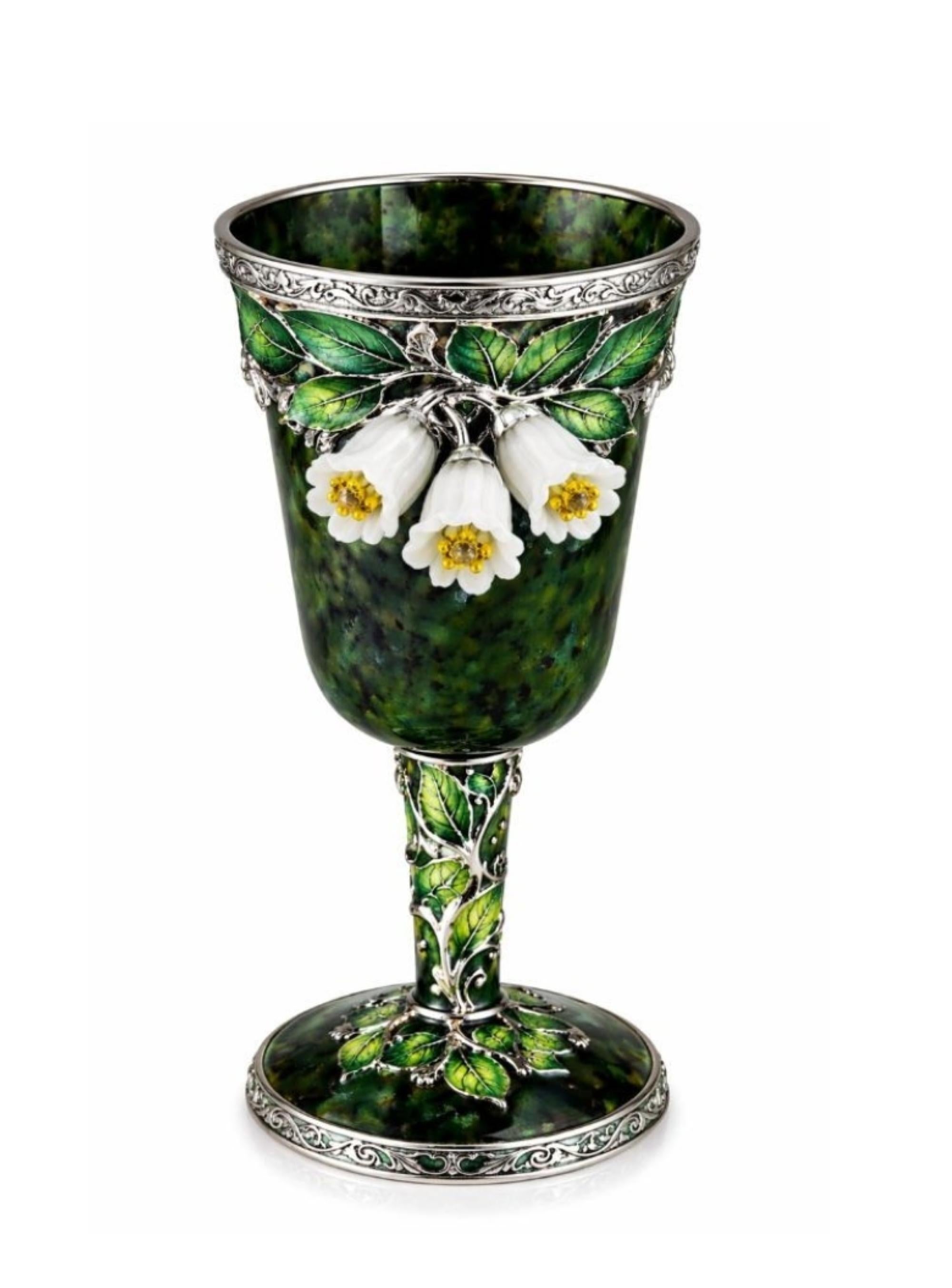 White Bluebell Liqueur Cup Nephrite Silver Enamel Sapphire-Handcrafted To Order For Sale