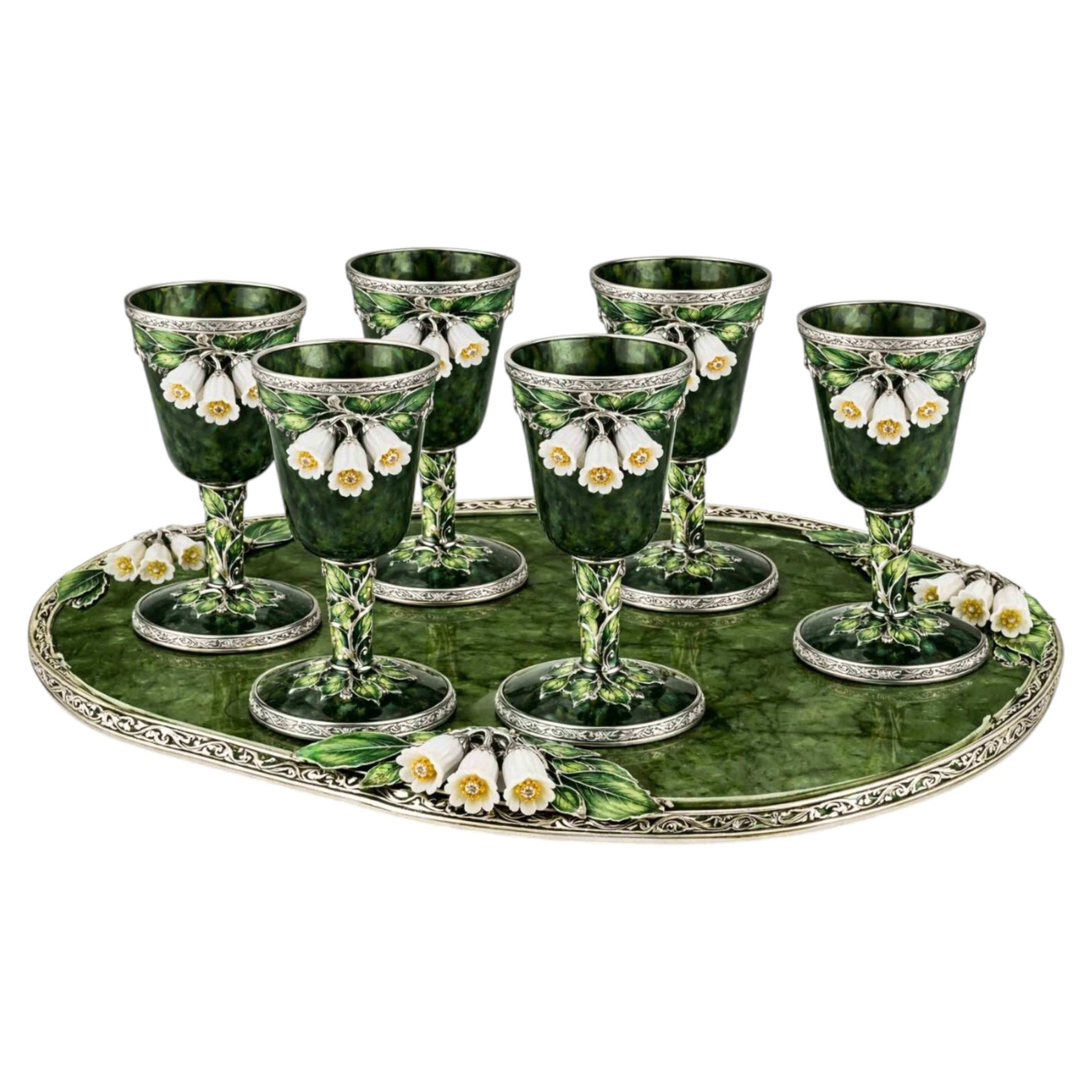 Set à liqueurs et plateau White Bluebell en argent sterling Nephrite - Fabrication artisanale sur commande en vente