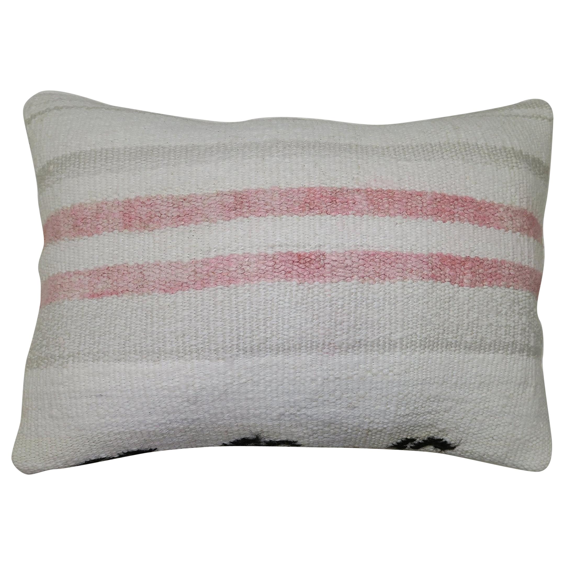 White Blush Gray Striped Vintage Turkish Kilim Lumbar Size Pillow For Sale