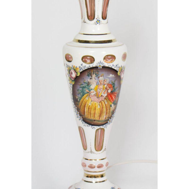 20th Century White Bohemian Glass Table Lamp with Hand Painted Baroque Couple