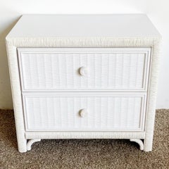 White Boho Faux Wicker and Rattan Nightstand/Side Table