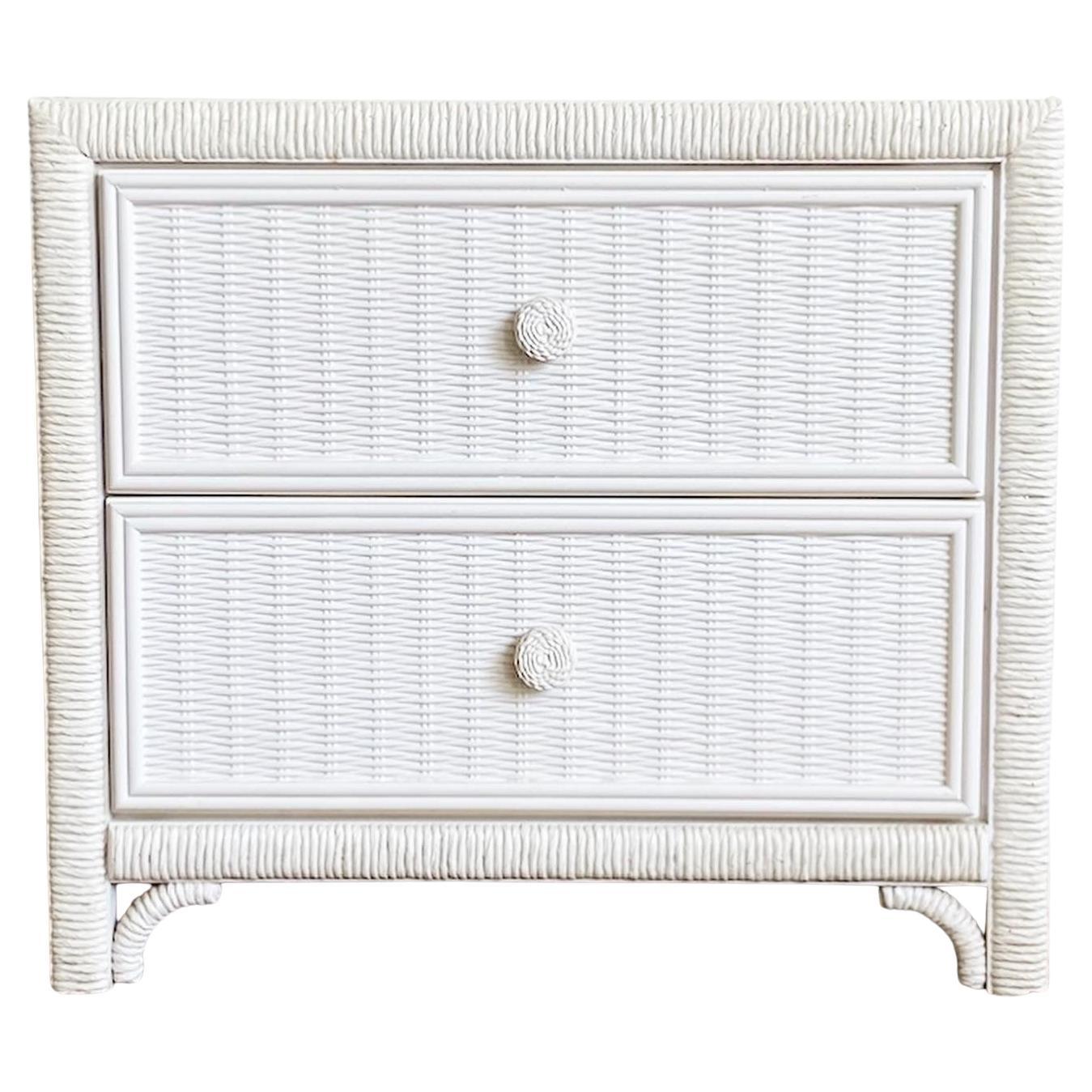 White Boho Faux Wicker and Rattan Nightstand/Side Table For Sale