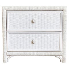Retro White Boho Faux Wicker and Rattan Nightstand/Side Table
