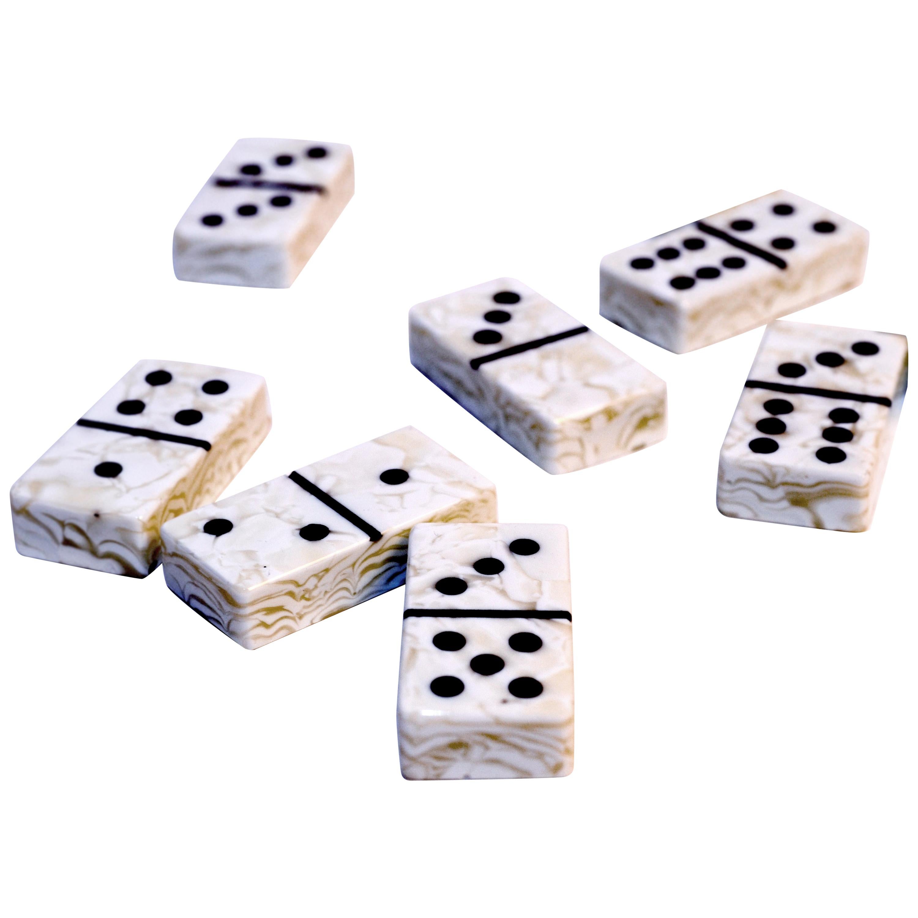 White Boiled Art Glass Domino Collection with Wood Case For Sale