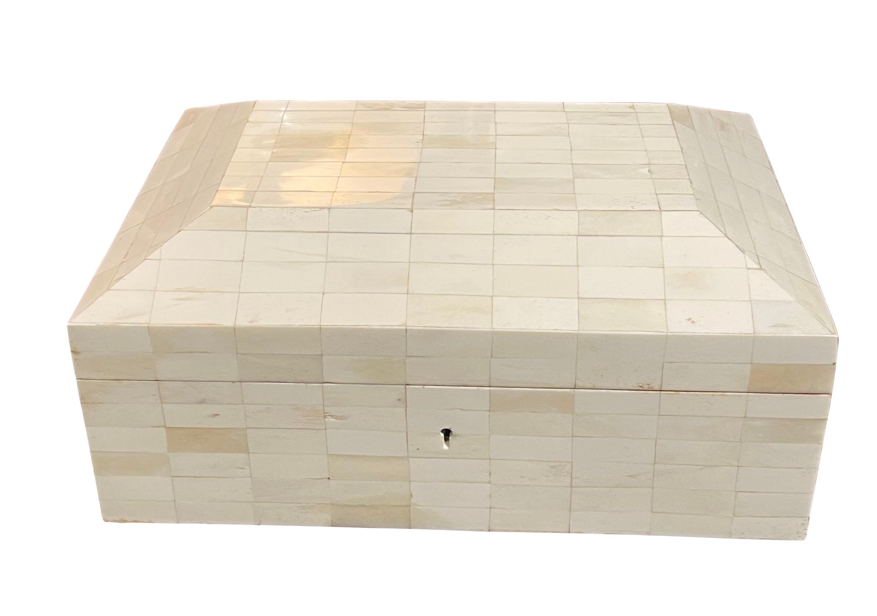 Caja contemporánea de hueso de camello blanco de la India.
Baldosas de forma rectangular con la parte superior ligeramente elevada en forma de pirámide.
