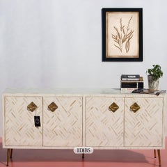White Bone Inlay Media Console with Cord Escapes, Brass Knobs by House of Jaipur