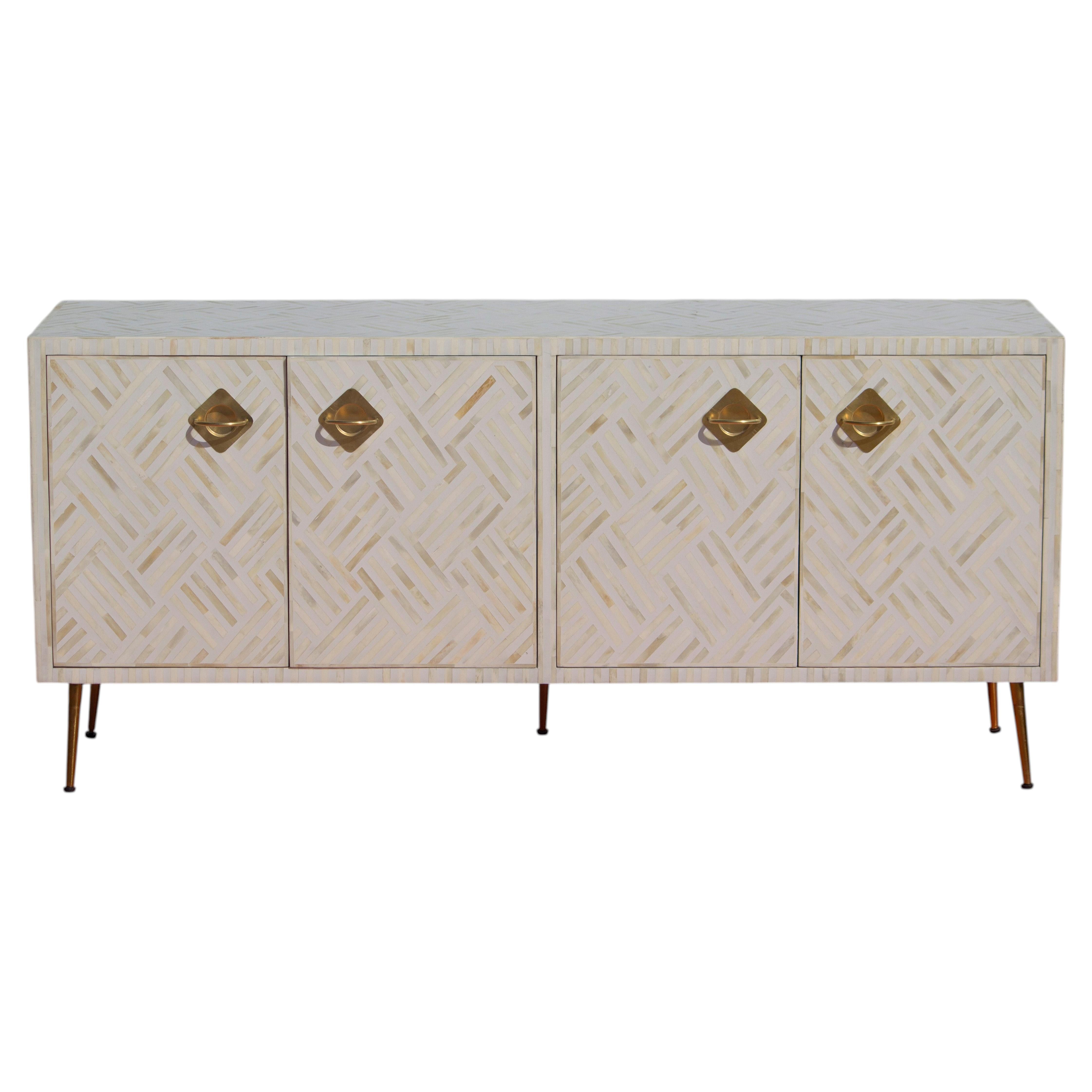 White Bone Inlay Media Console with Cord Escapes, Brass Knobs by House of Jaipur For Sale