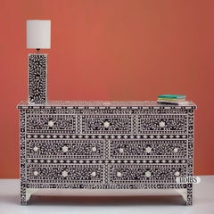 White Bone Inlay Seven-Drawer Dresser with Bone Knobs by House of Jaipur