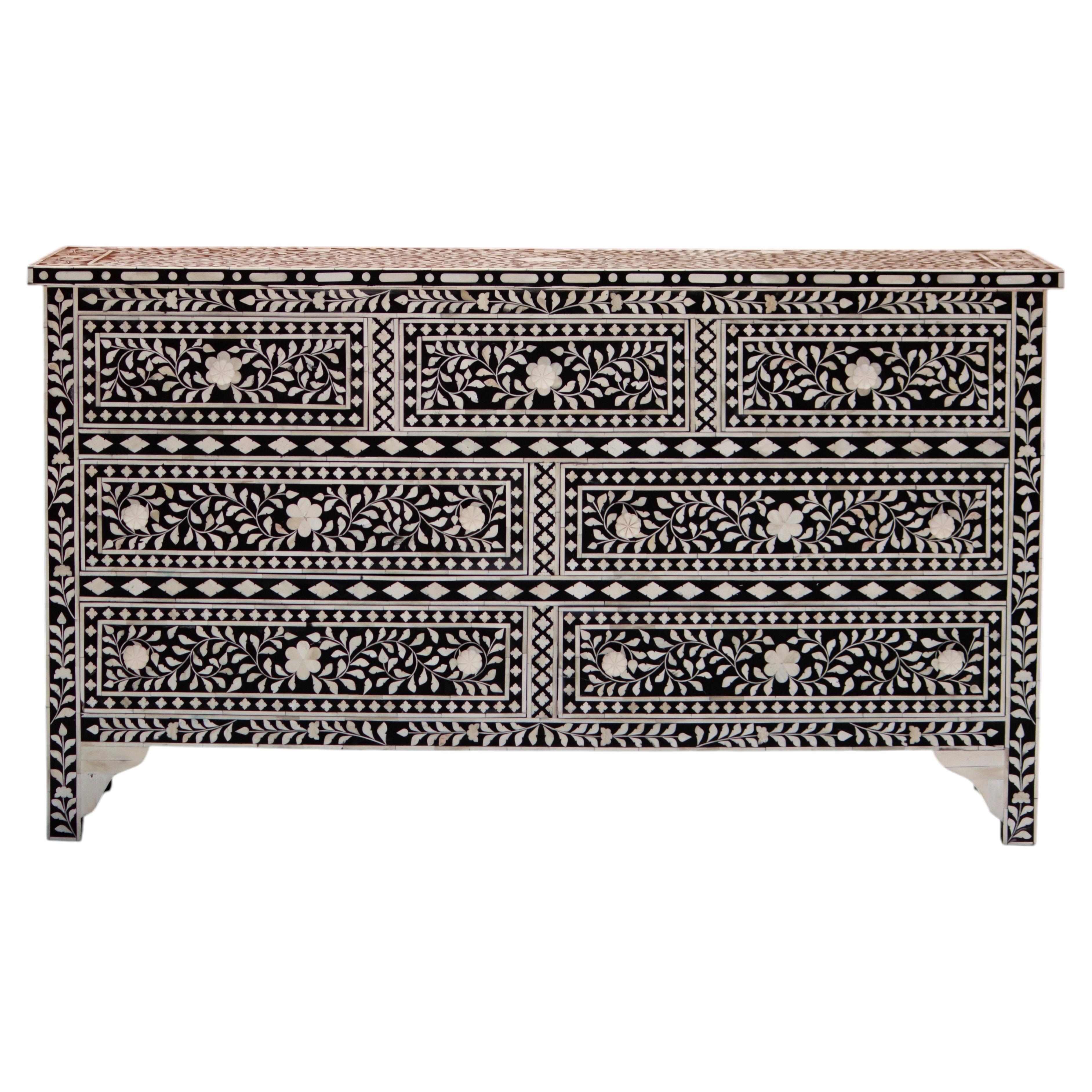 White Bone Inlay Seven-Drawer Dresser with Bone Knobs by House of Jaipur