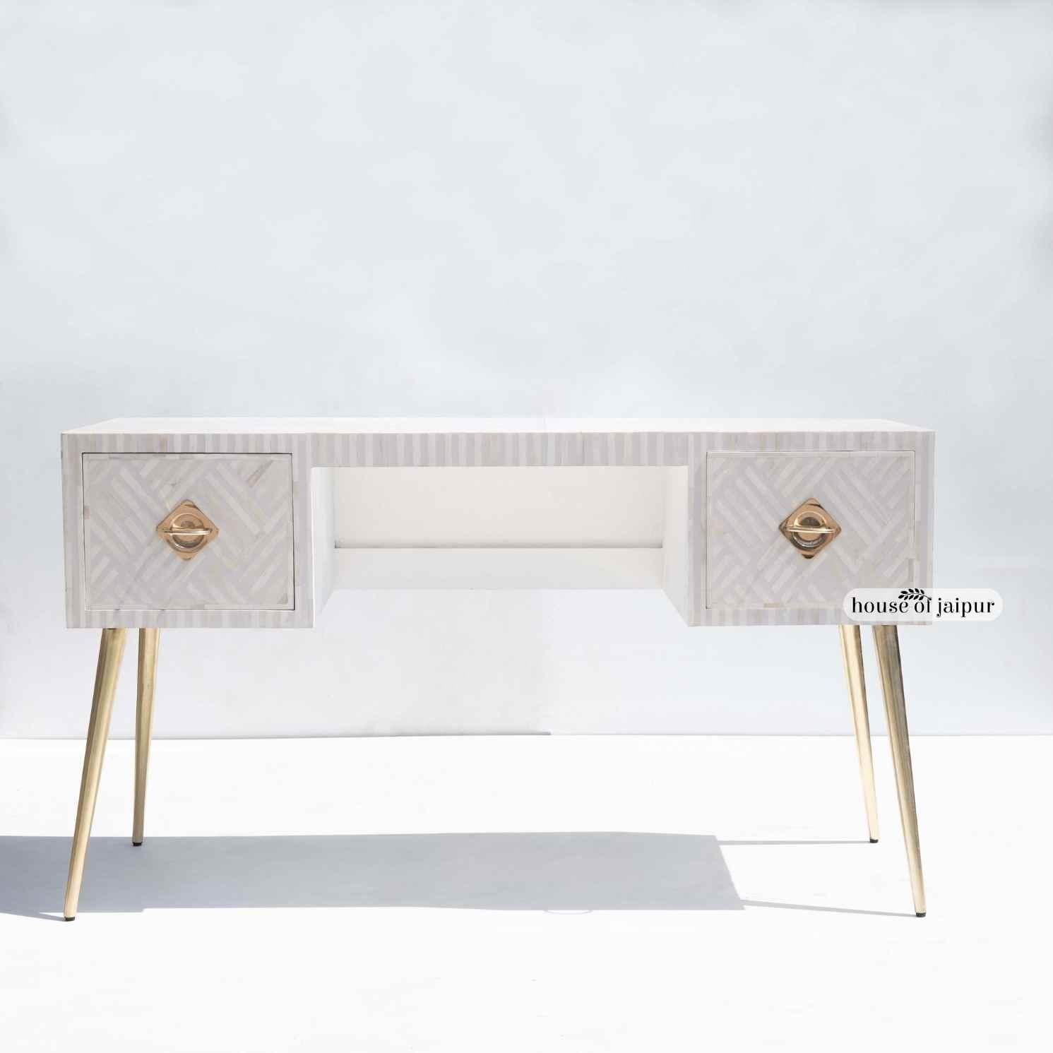White Bone Inlay Work Desk – Geometric Tessellation Pattern by House of Jaipur In New Condition For Sale In New York, NY