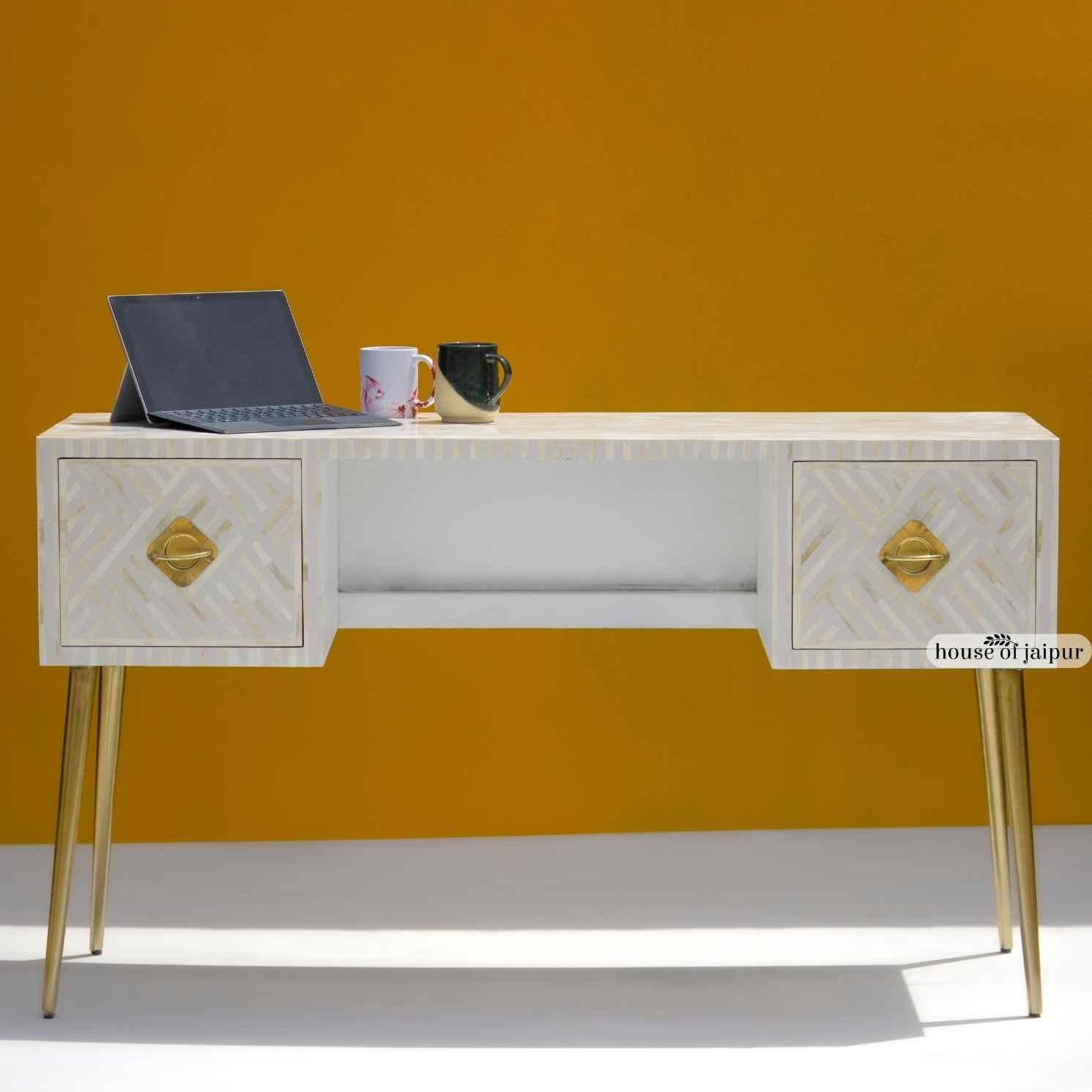 Contemporary White Bone Inlay Work Desk – Geometric Tessellation Pattern by House of Jaipur For Sale