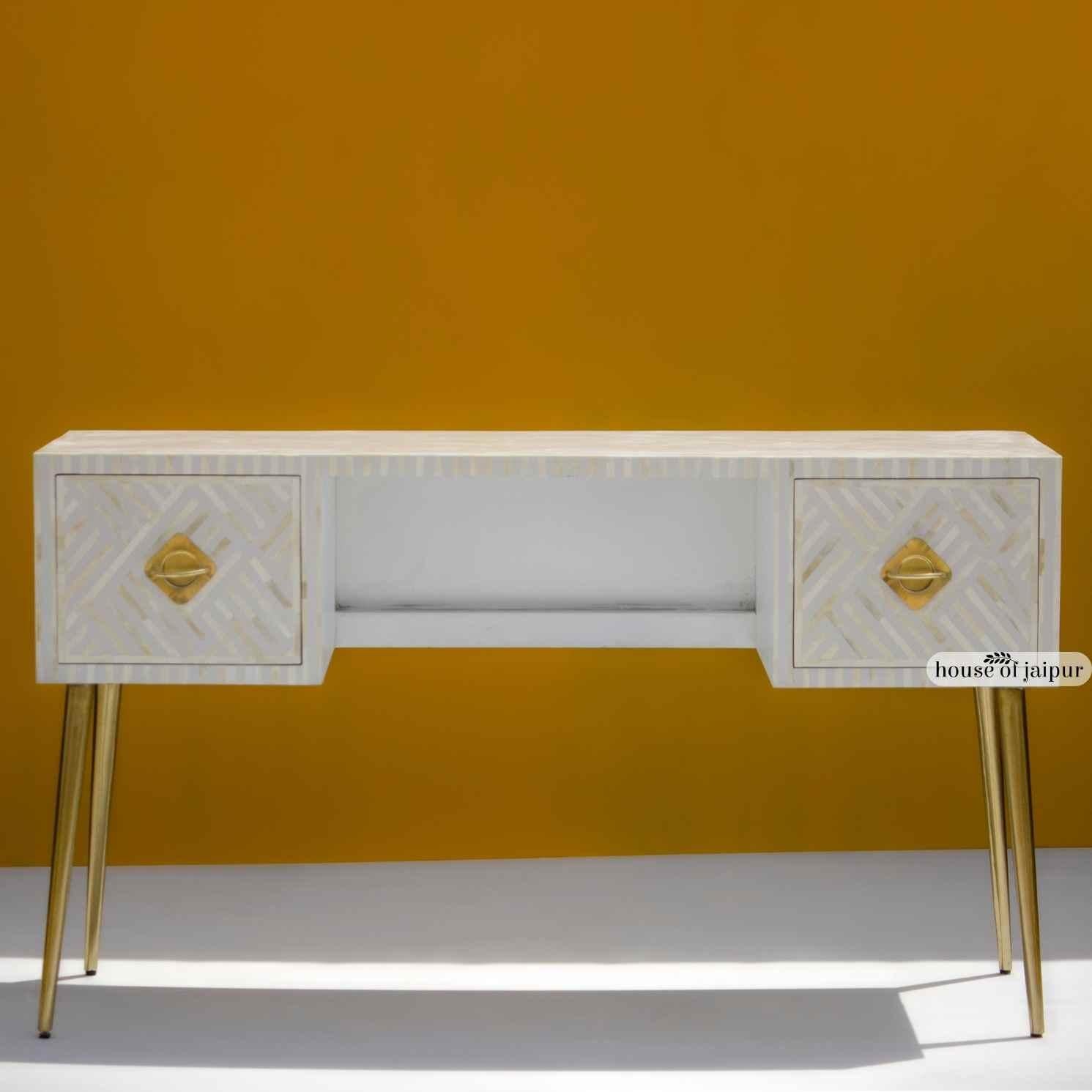 White Bone Inlay Work Desk – Geometric Tessellation Pattern by House of Jaipur For Sale 1