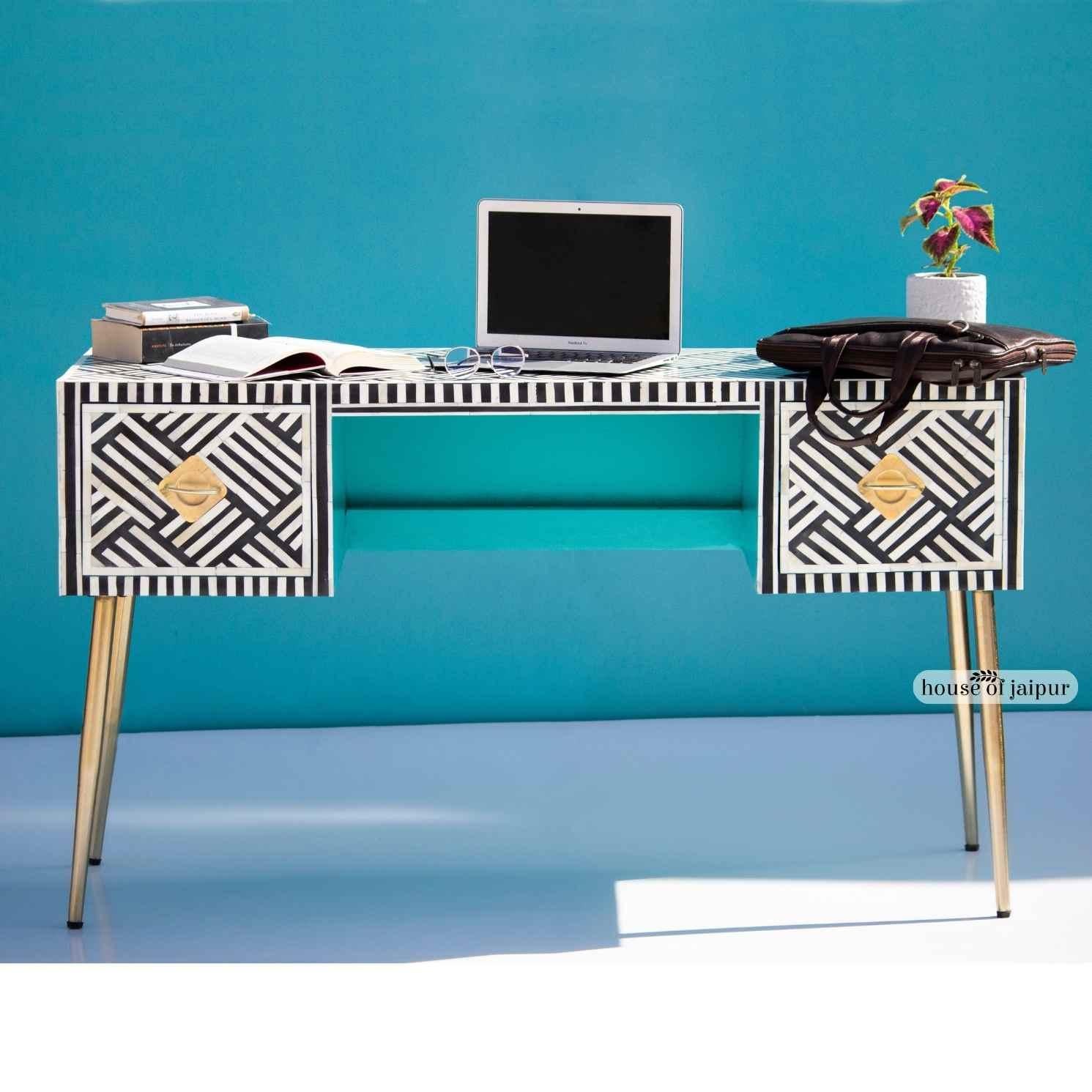 White Bone Inlay Work Desk – Geometric Tessellation Pattern by House of Jaipur For Sale 2