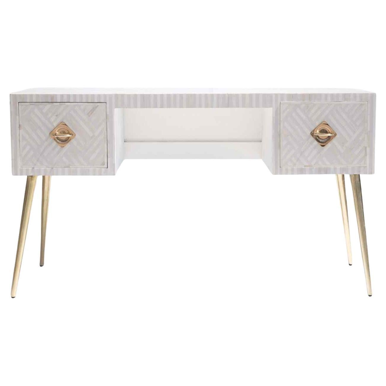 White Bone Inlay Work Desk – Geometric Tessellation Pattern by House of Jaipur