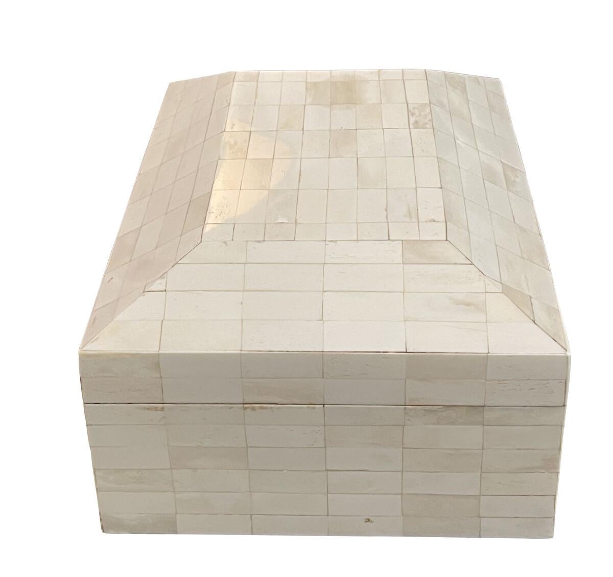 Caja contemporánea de hueso blanco de la India.
Baldosas de forma rectangular con la parte superior ligeramente elevada en forma de pirámide.
