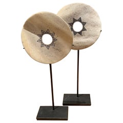 White Bone Set of Two Small Engraved Discs on Stands, Indonesia, Contemporary
