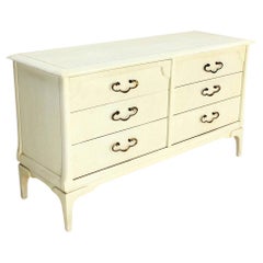Vintage White Bone Tone Wash Lacquer 6 Drawer Dresser Solid Brass Ornate Drawer Pulls