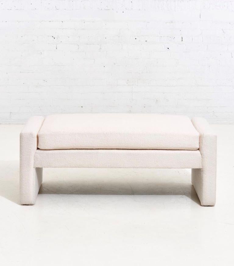White Boucle Bench by Directional, circa 1970. Fully restored with new foam and performance blend Italian wool/poly boucle.