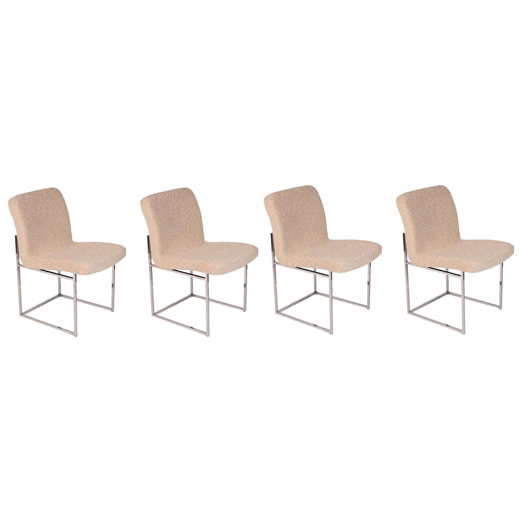 White Bouclé 
Chrome 1970s Dining Chairs by DIA