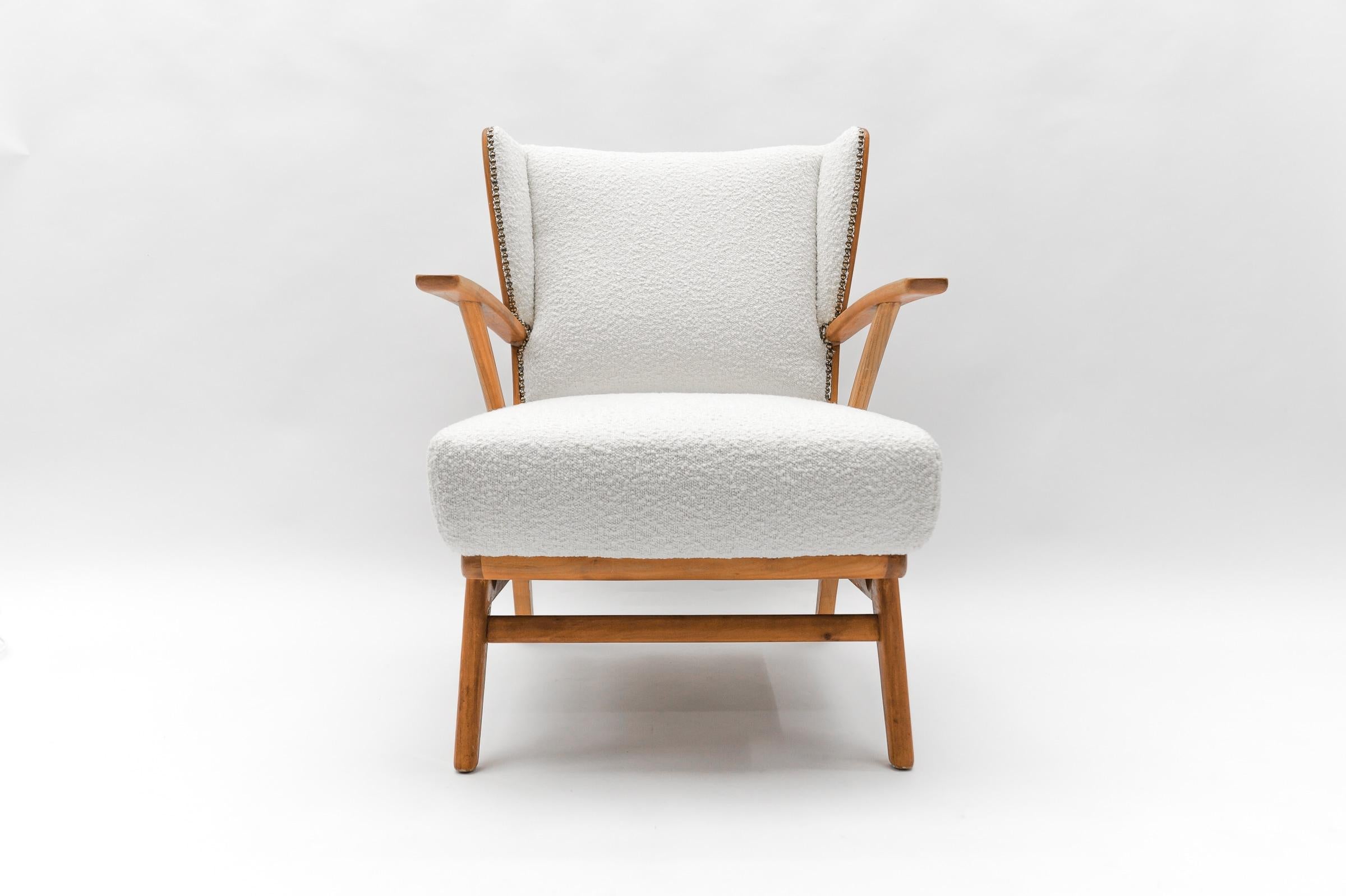 Italian White Boucle Fabric and Wooden Wingback Armchair, Italy, 1950s For Sale