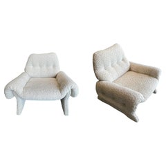 White Boucle Fully Upholstered Pair Of Chairs, Italy, 1970s