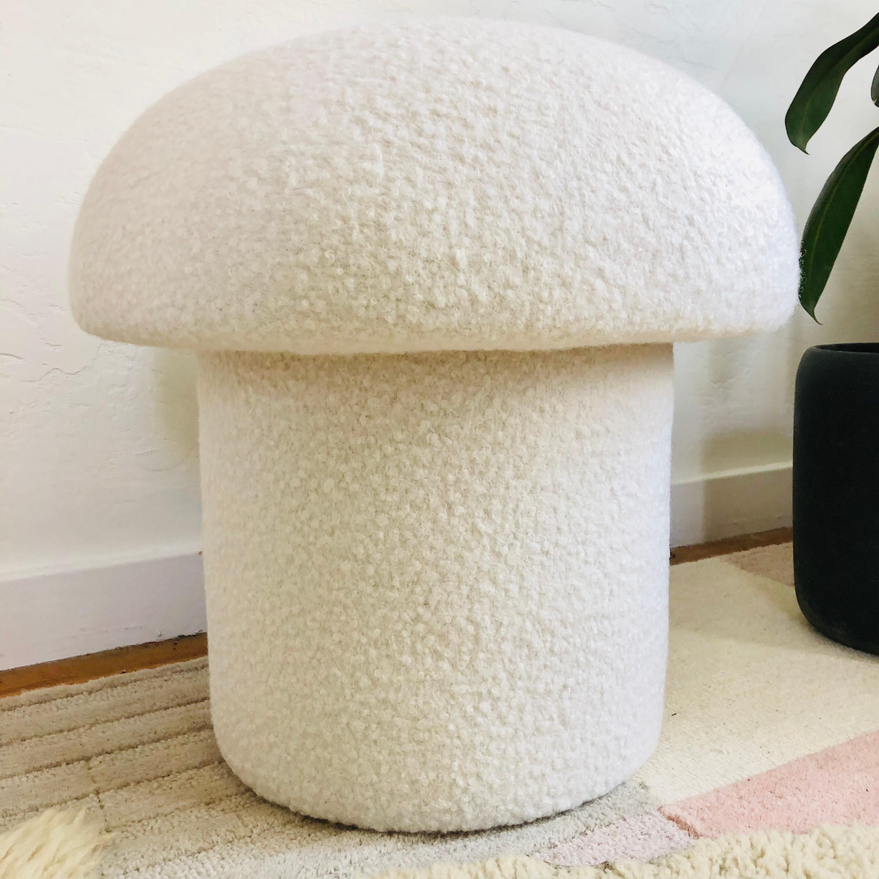 Modern Mushroom Ottoman in White Boucle