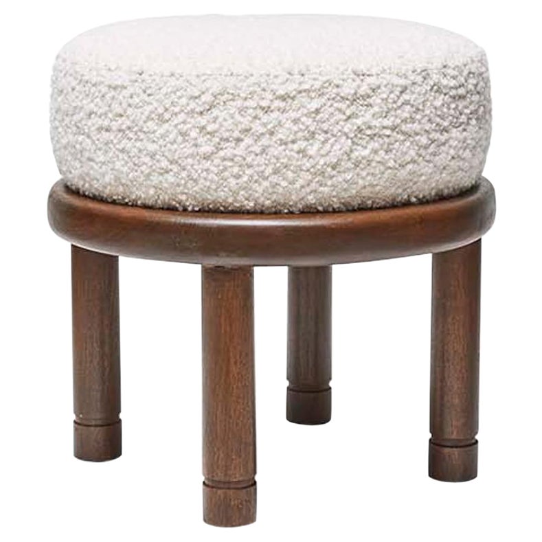 Lawson-Fenning Petite Moreno Ottoman, White Bouclé & Solid Walnut, Modern Stool For Sale