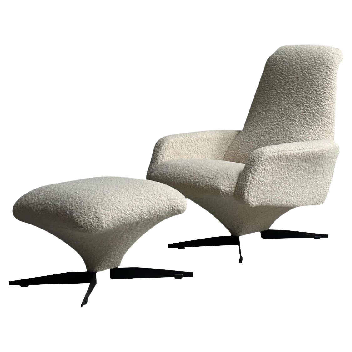 White Bouclé Upholstered Chair with Ottoman, Italy, 1960s For Sale
