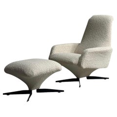 Retro White Bouclé Upholstered Chair with Ottoman, Italy, 1960s