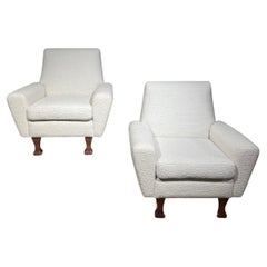 White bouclette Italian pair of easychairs with wood legs