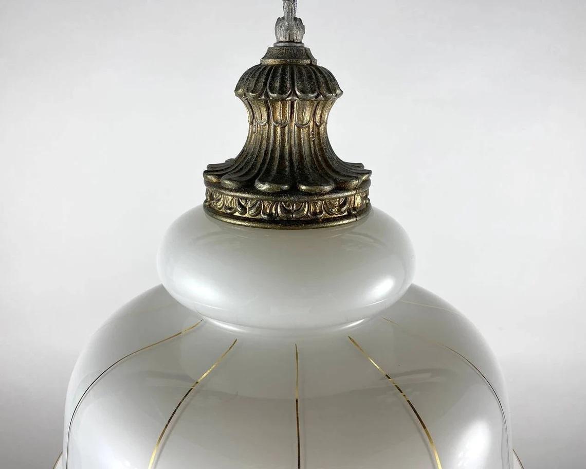 Mid-Century Modern White Brass & Opaline Glass Chandelier