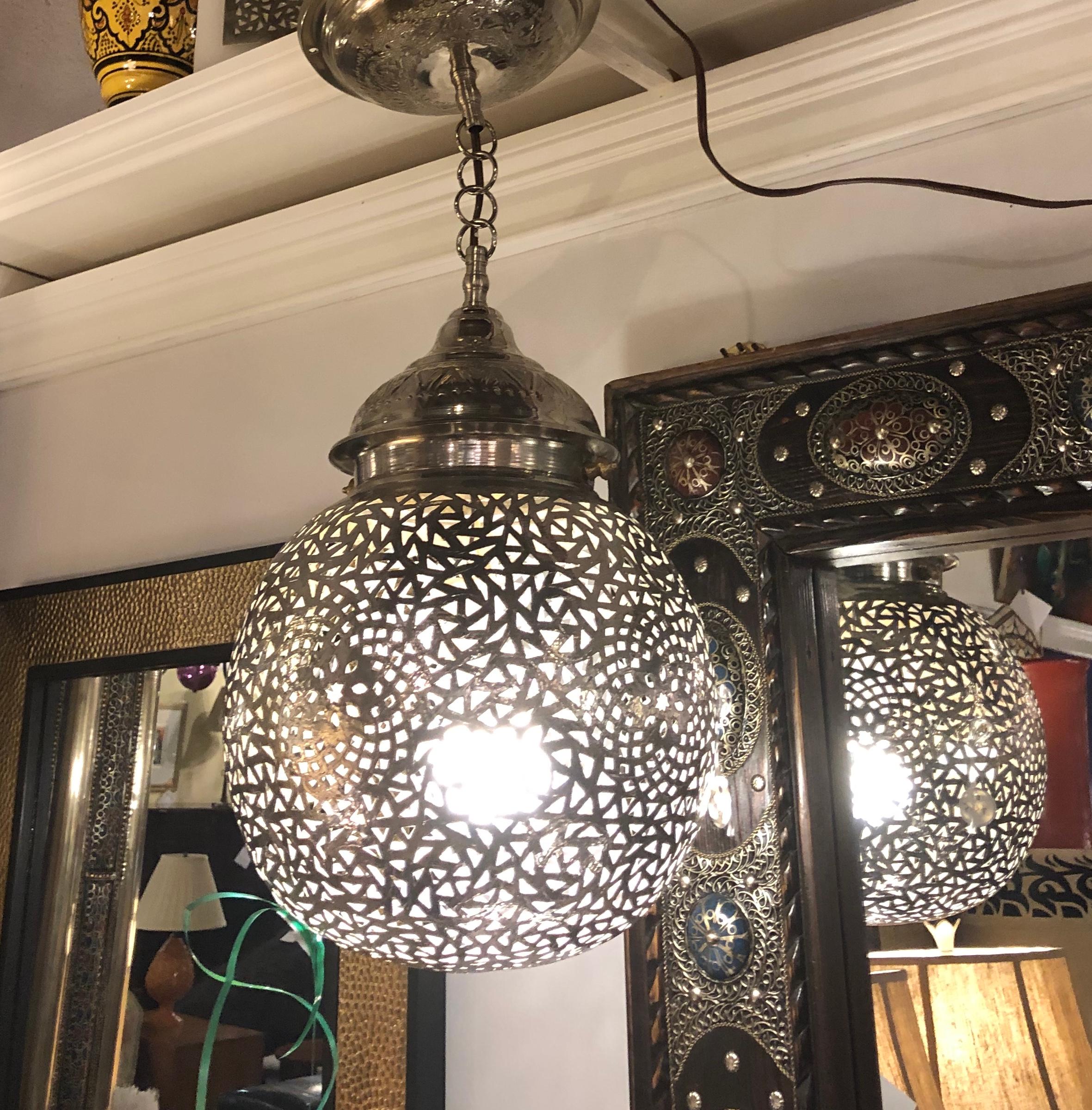 Brass Silver Round Modern Moroccan Pendant or Chandelier, a Pair