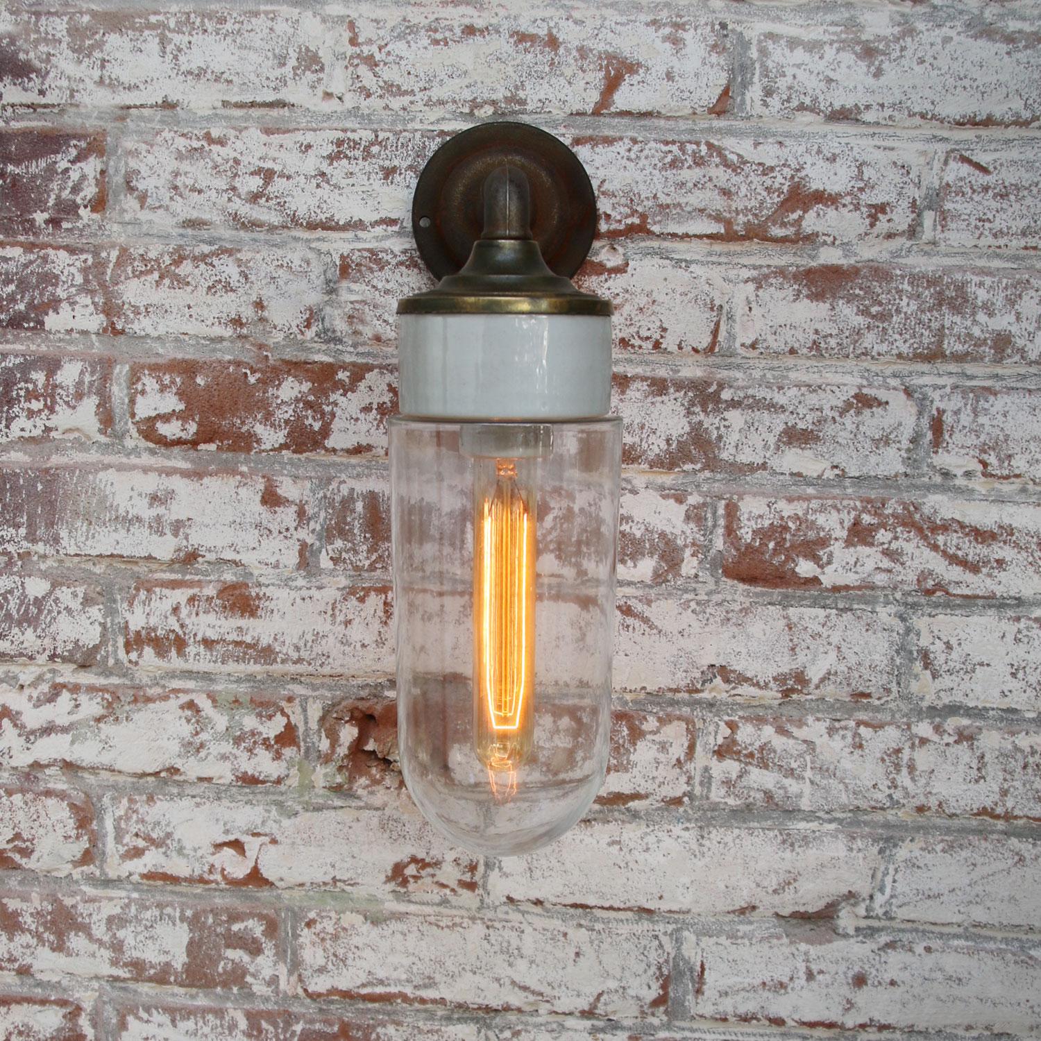 Industrial White Brass Scones Wall Lights Vintage Porcelain Clear Glass For Sale