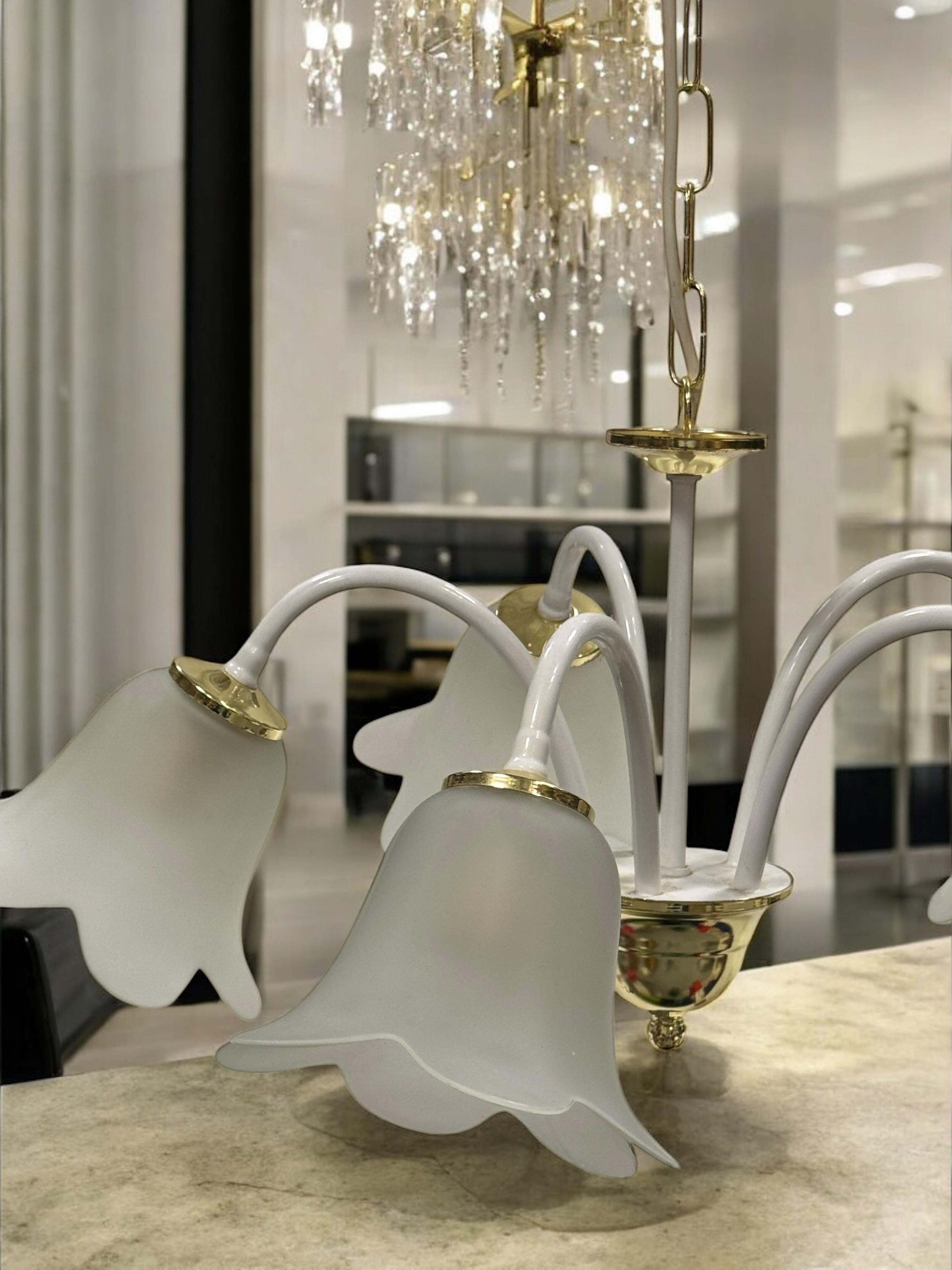 White & Brass Tole Pendant Chandelier Calyx Glass Shade Hollywood Regency Style For Sale 4
