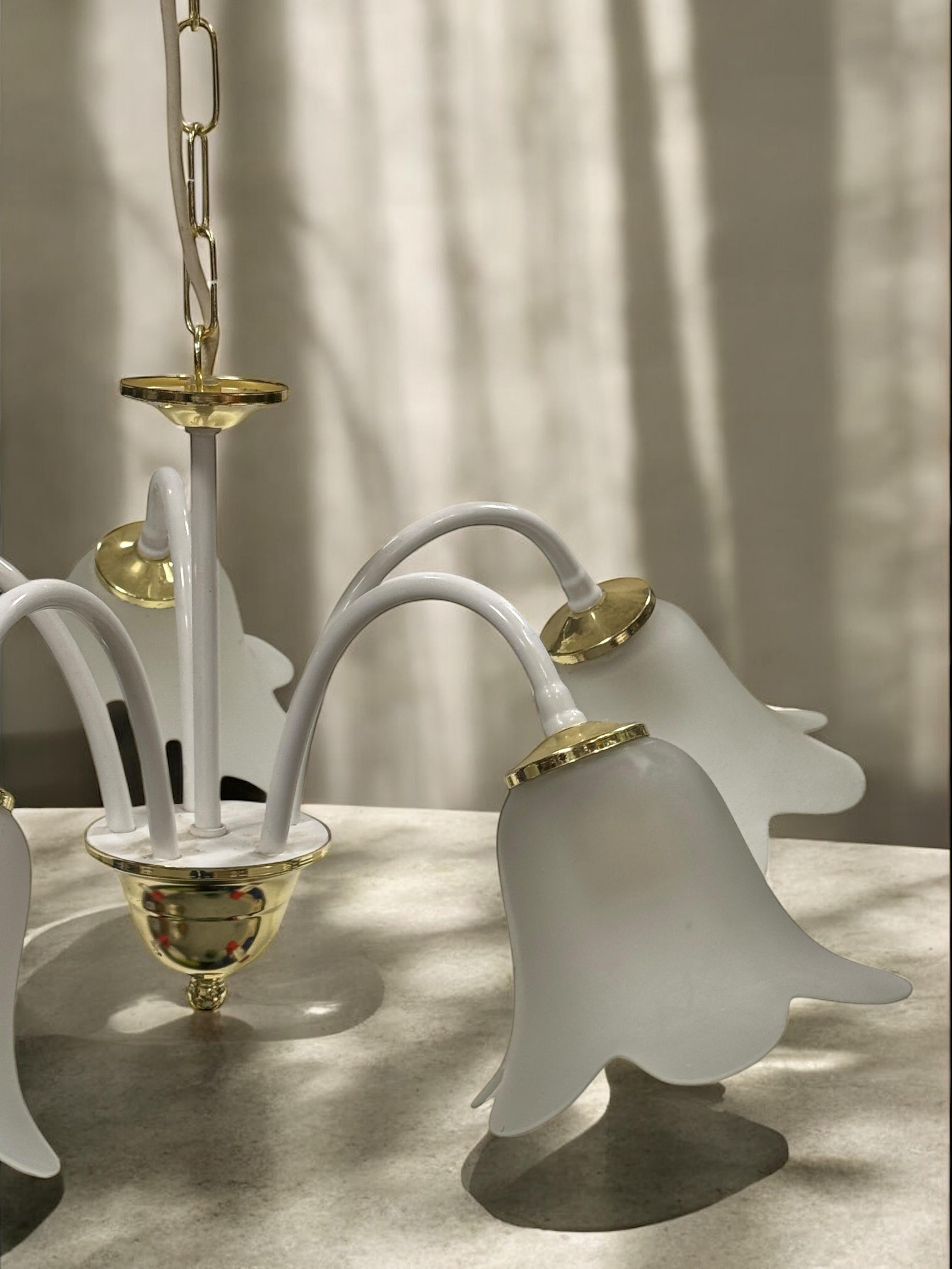 White & Brass Tole Pendant Chandelier Calyx Glass Shade Hollywood Regency Style For Sale 6