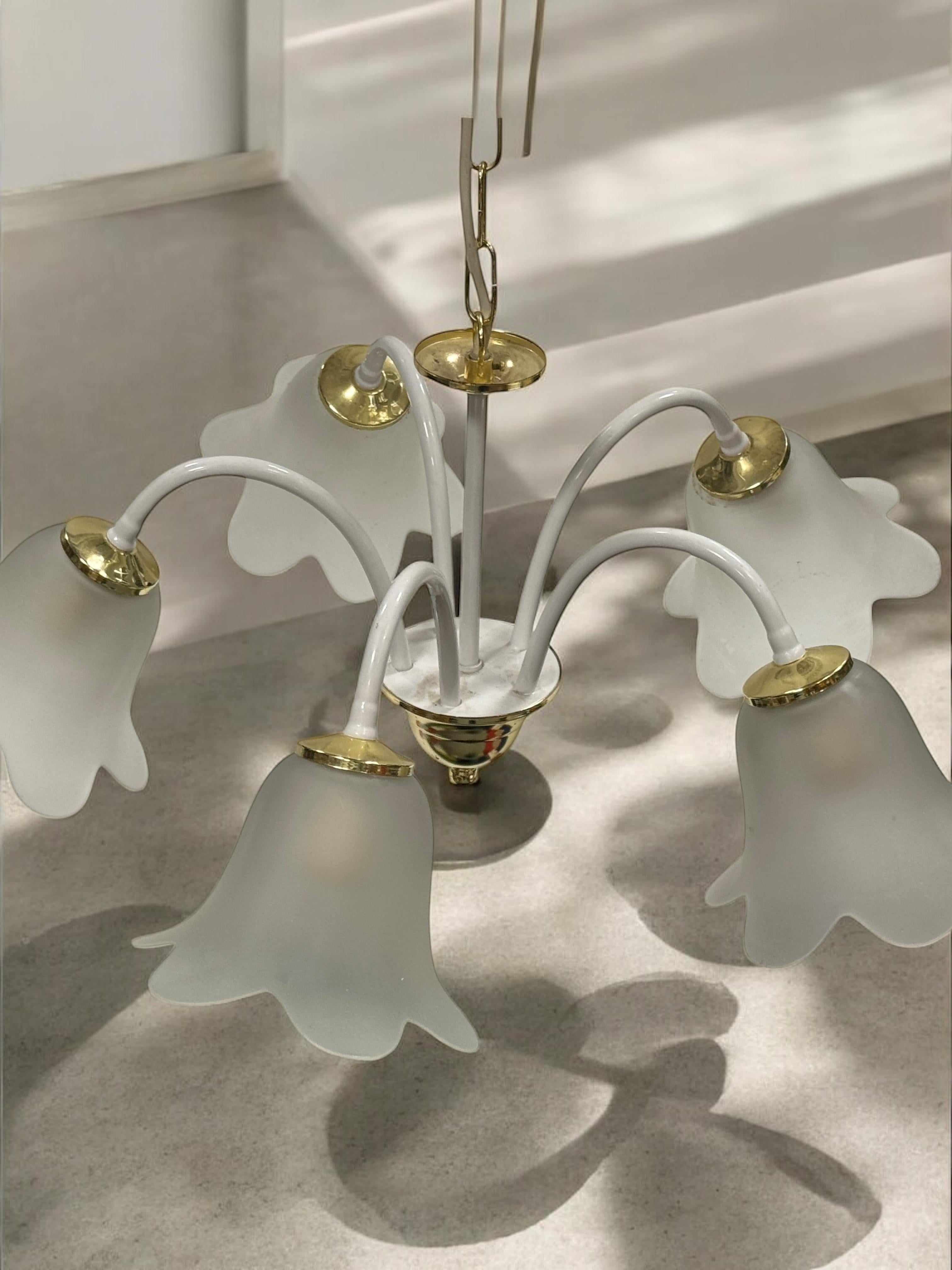 White & Brass Tole Pendant Chandelier Calyx Glass Shade Hollywood Regency Style For Sale 8
