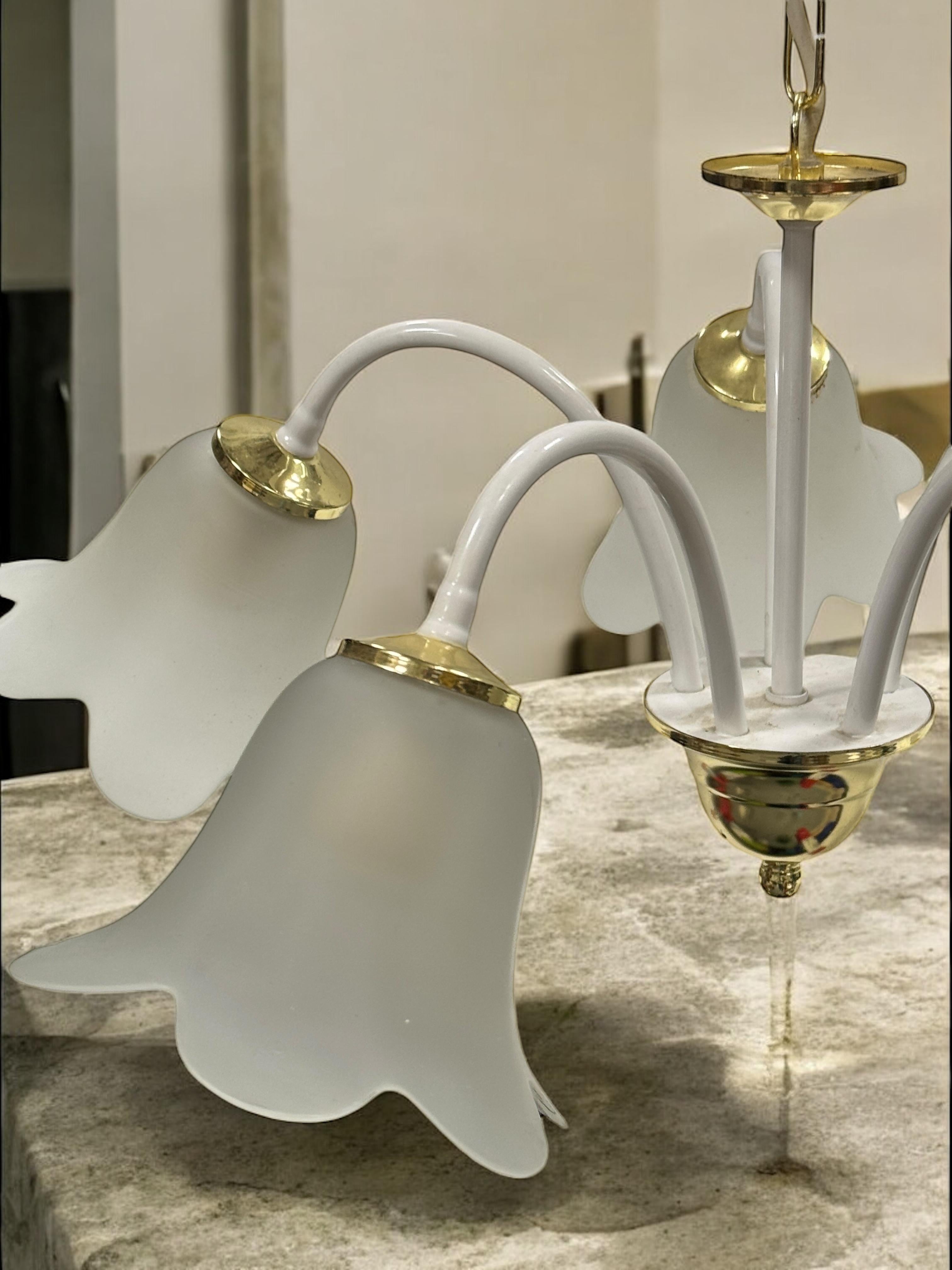 White & Brass Tole Pendant Chandelier Calyx Glass Shade Hollywood Regency Style For Sale 10
