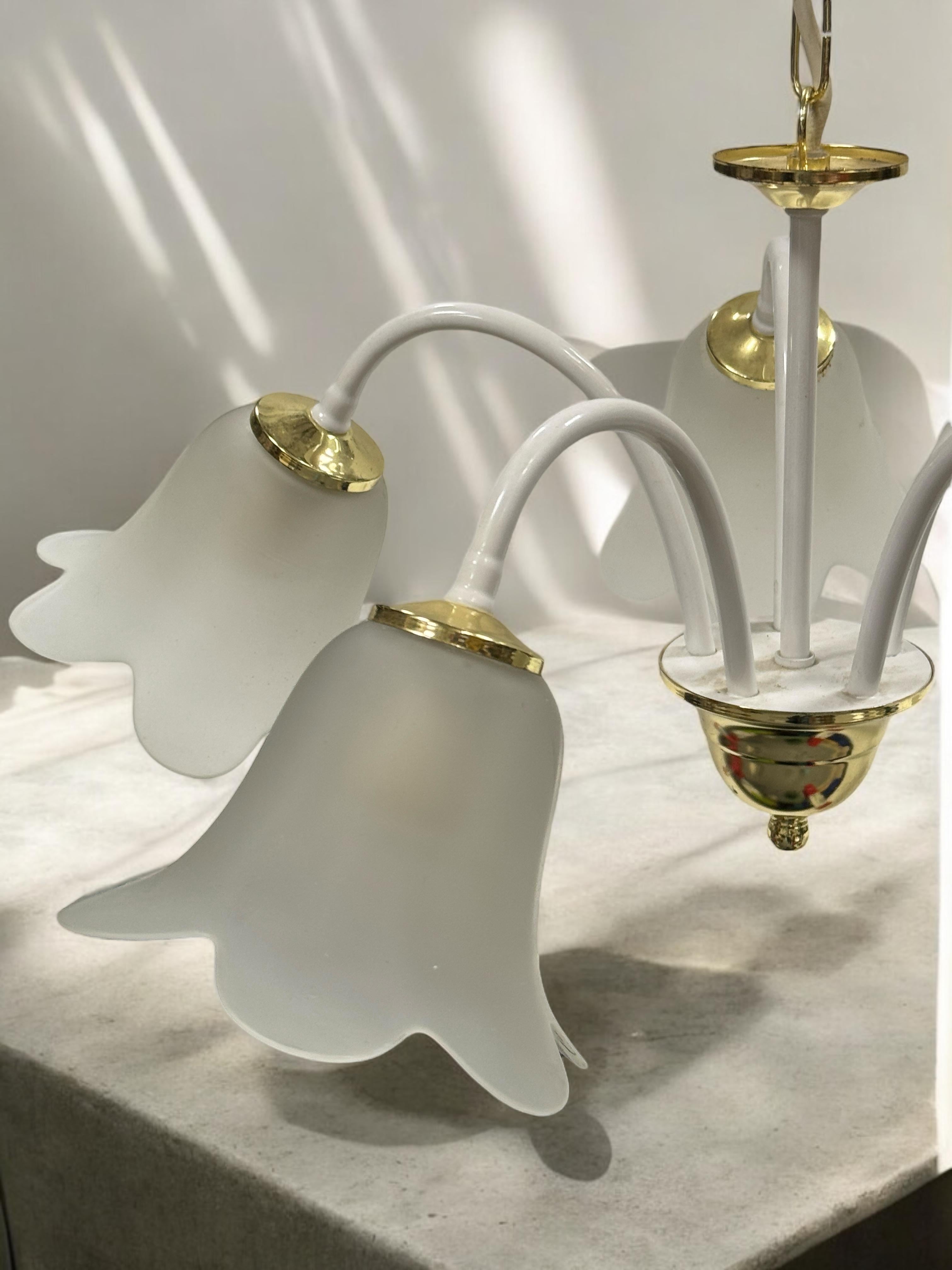 White & Brass Tole Pendant Chandelier Calyx Glass Shade Hollywood Regency Style For Sale 11