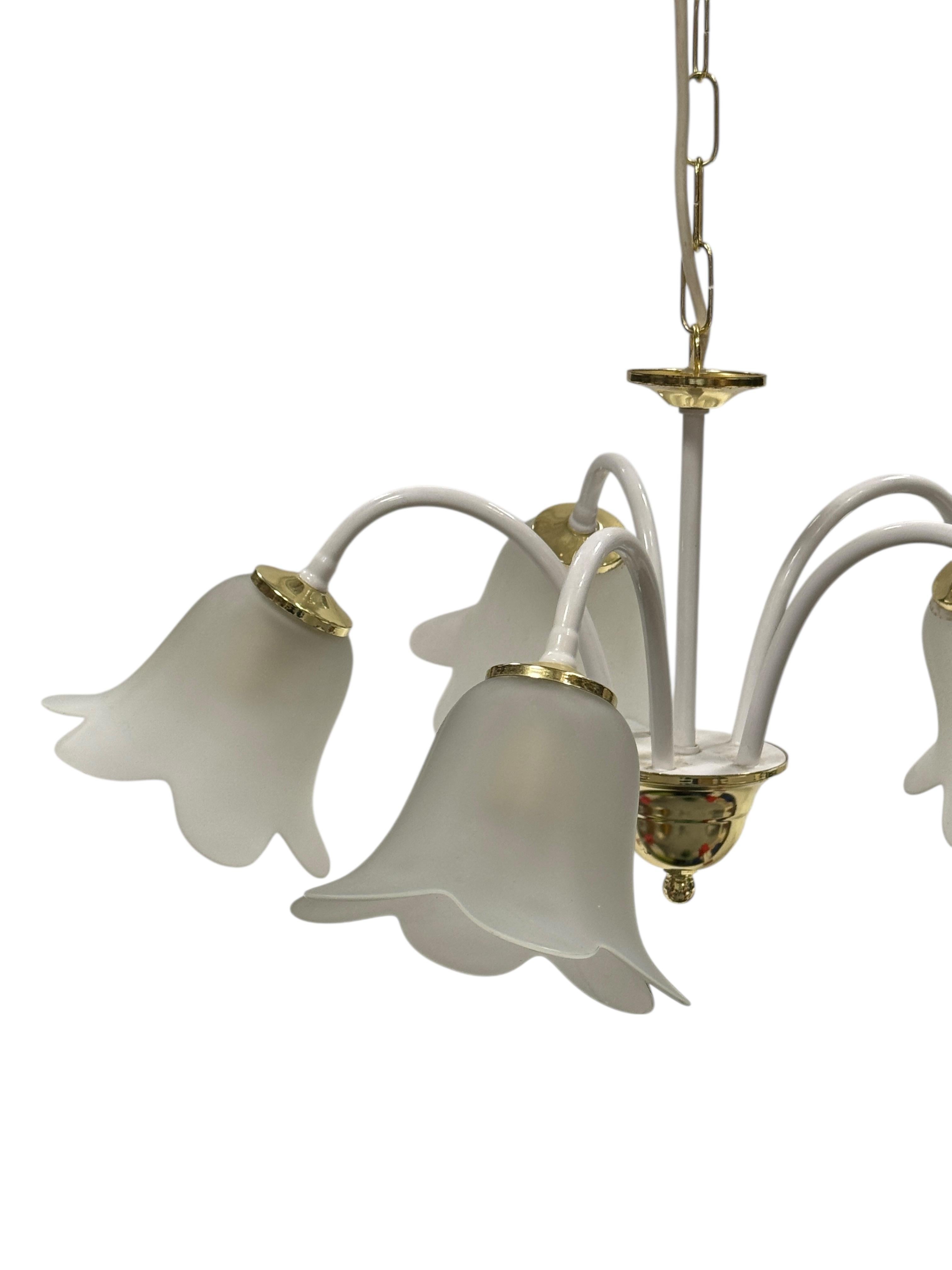 Add a touch of opulence to your home with this charming chandelier! It is in white and brass metal, with calyx pattern glass lampshades, to enhance any chic or eclectic home. We'd love to see it hanging in a bedroom or dinning room as a charming