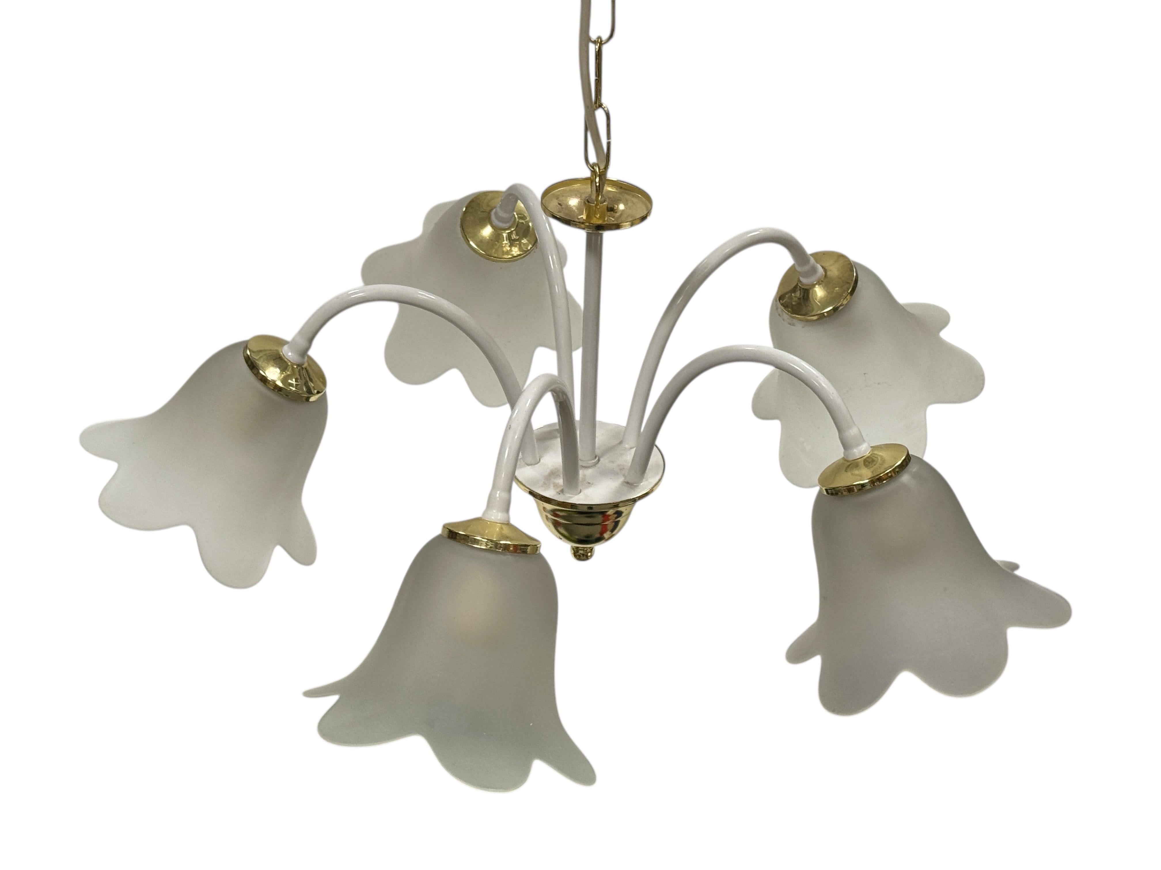 Austrian White & Brass Tole Pendant Chandelier Calyx Glass Shade Hollywood Regency Style For Sale