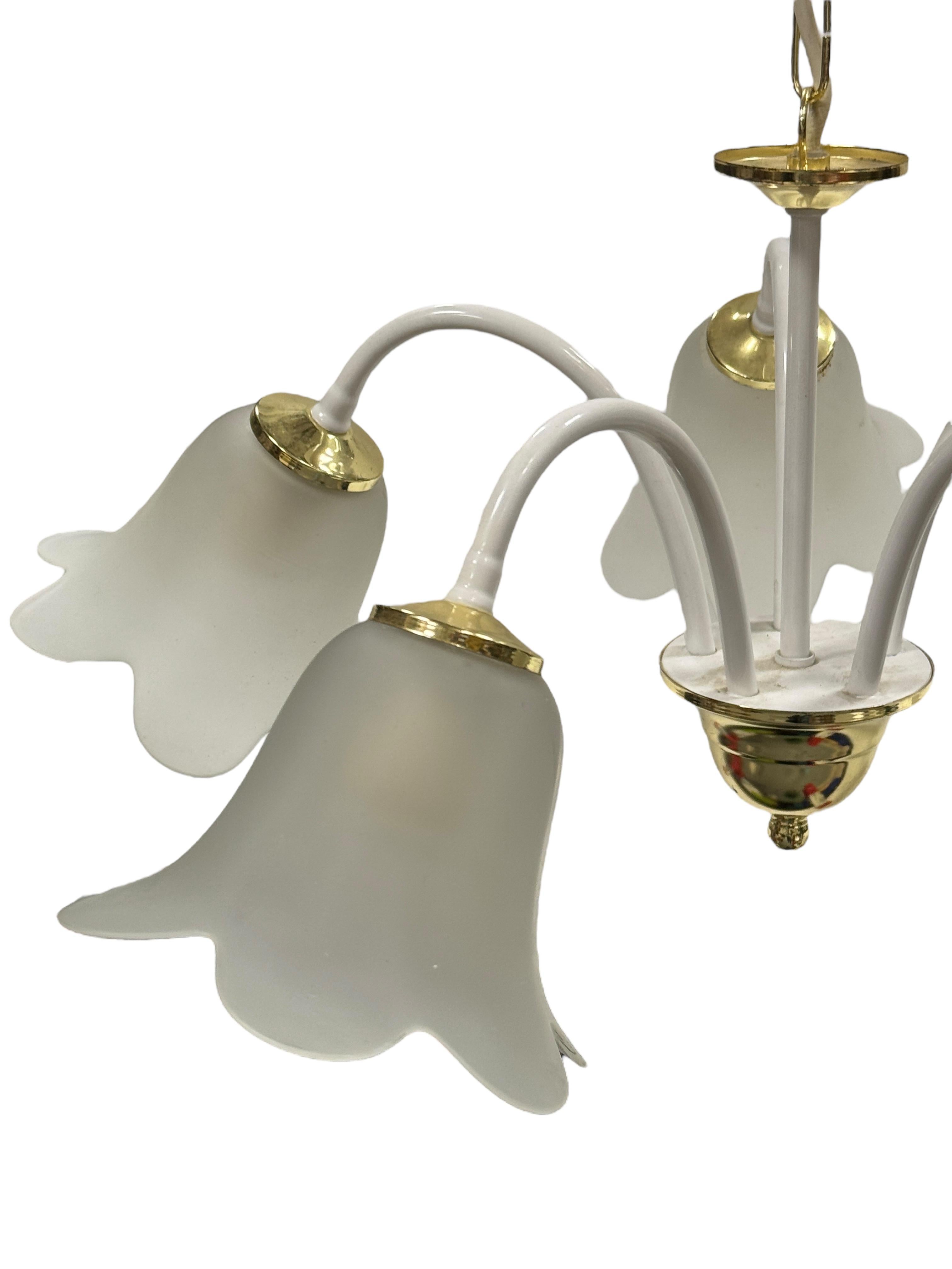 Mid-20th Century White & Brass Tole Pendant Chandelier Calyx Glass Shade Hollywood Regency Style For Sale